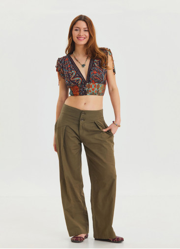 Pleated Bias Cut Buttoned Earth Color Bohemian Trousers 4464